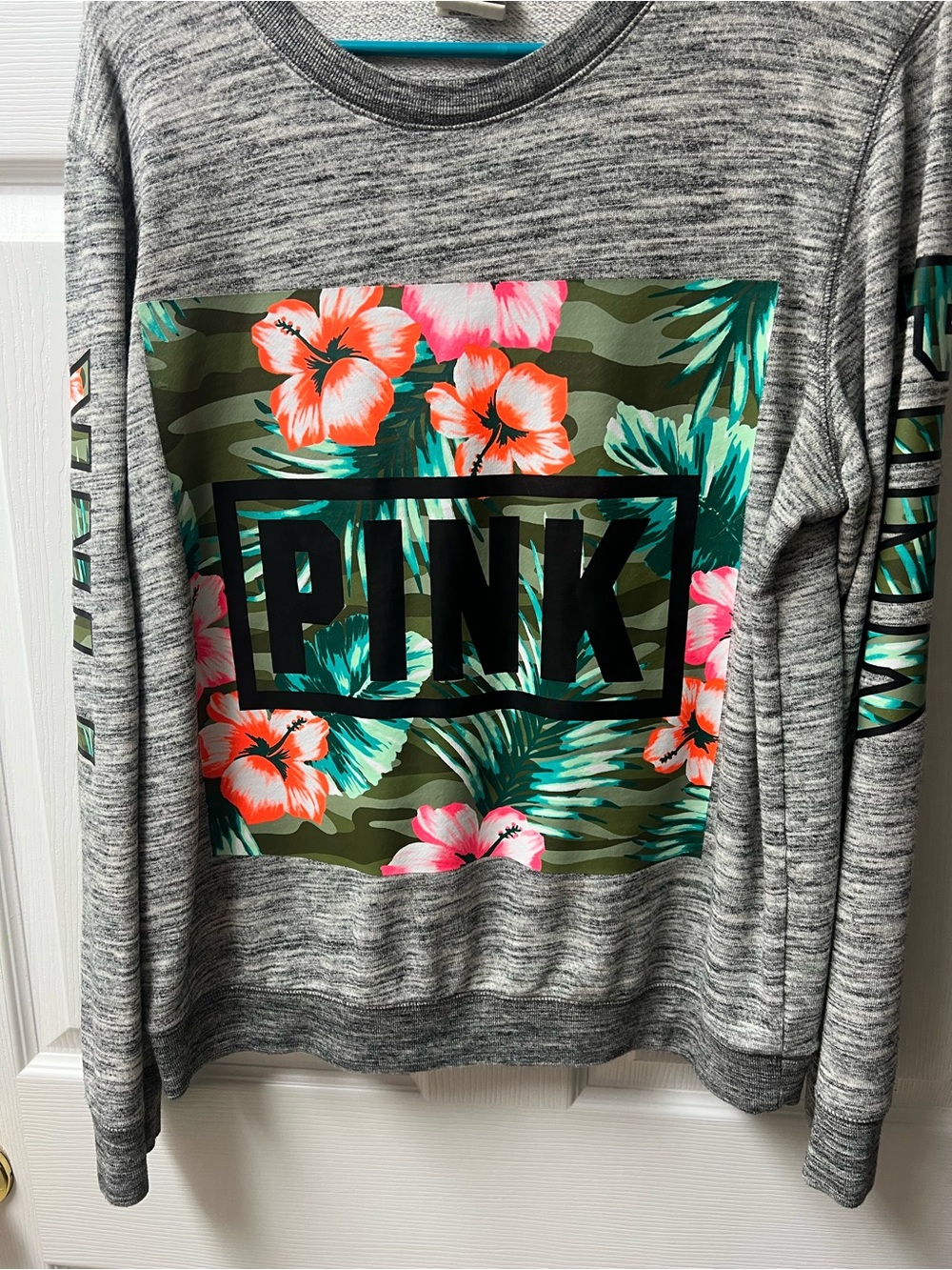 PINK Victoria's Secret Gray Crewneck Sweatshirt with Tropical Floral Panel